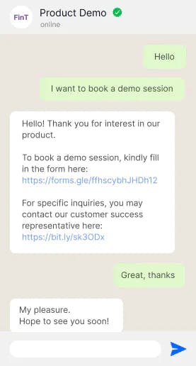 Fintech-Produkt-Demo-Buchung auf offiziellen WhatsApp-Konto