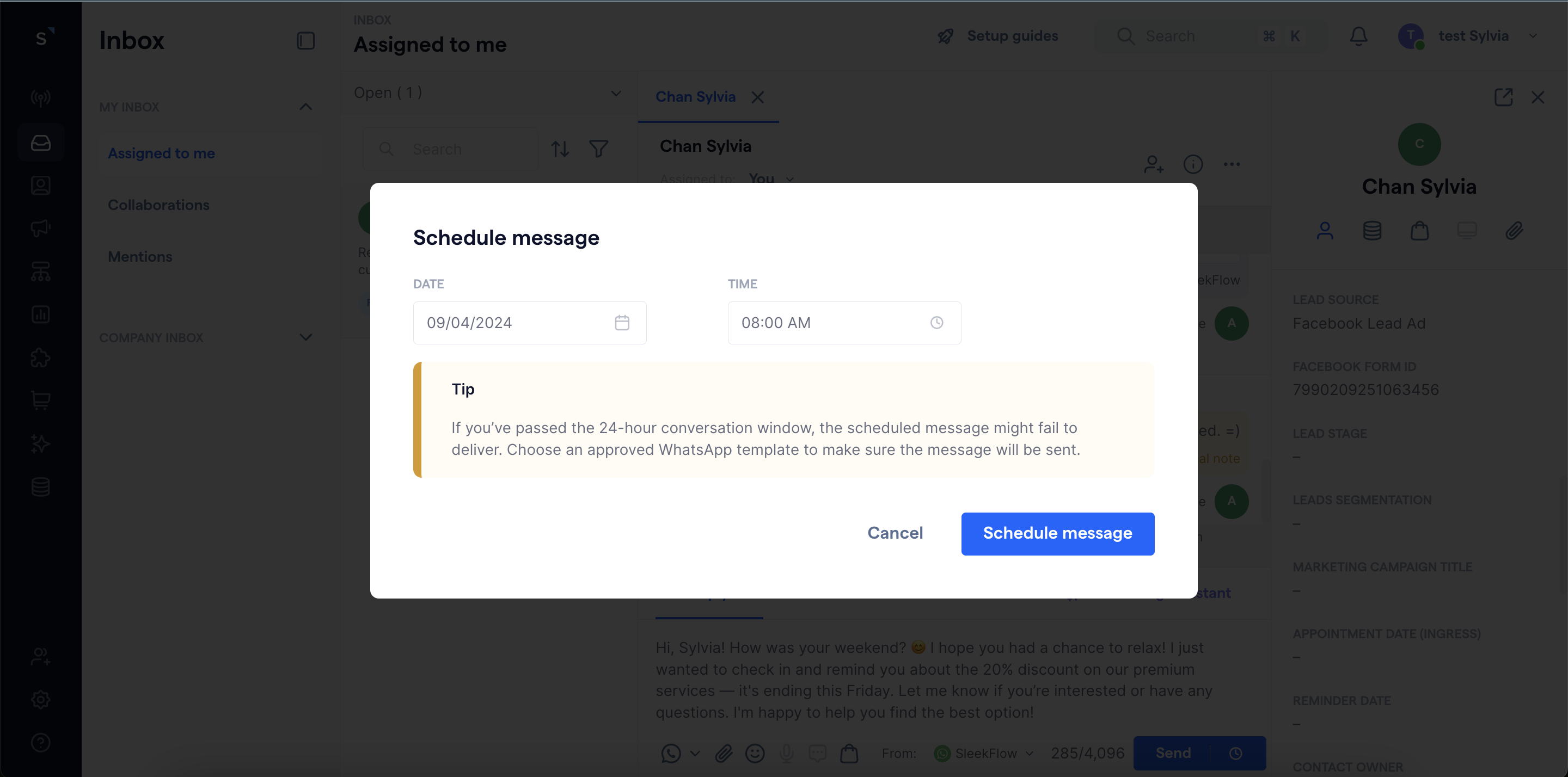 Schedule message in SleekFlow