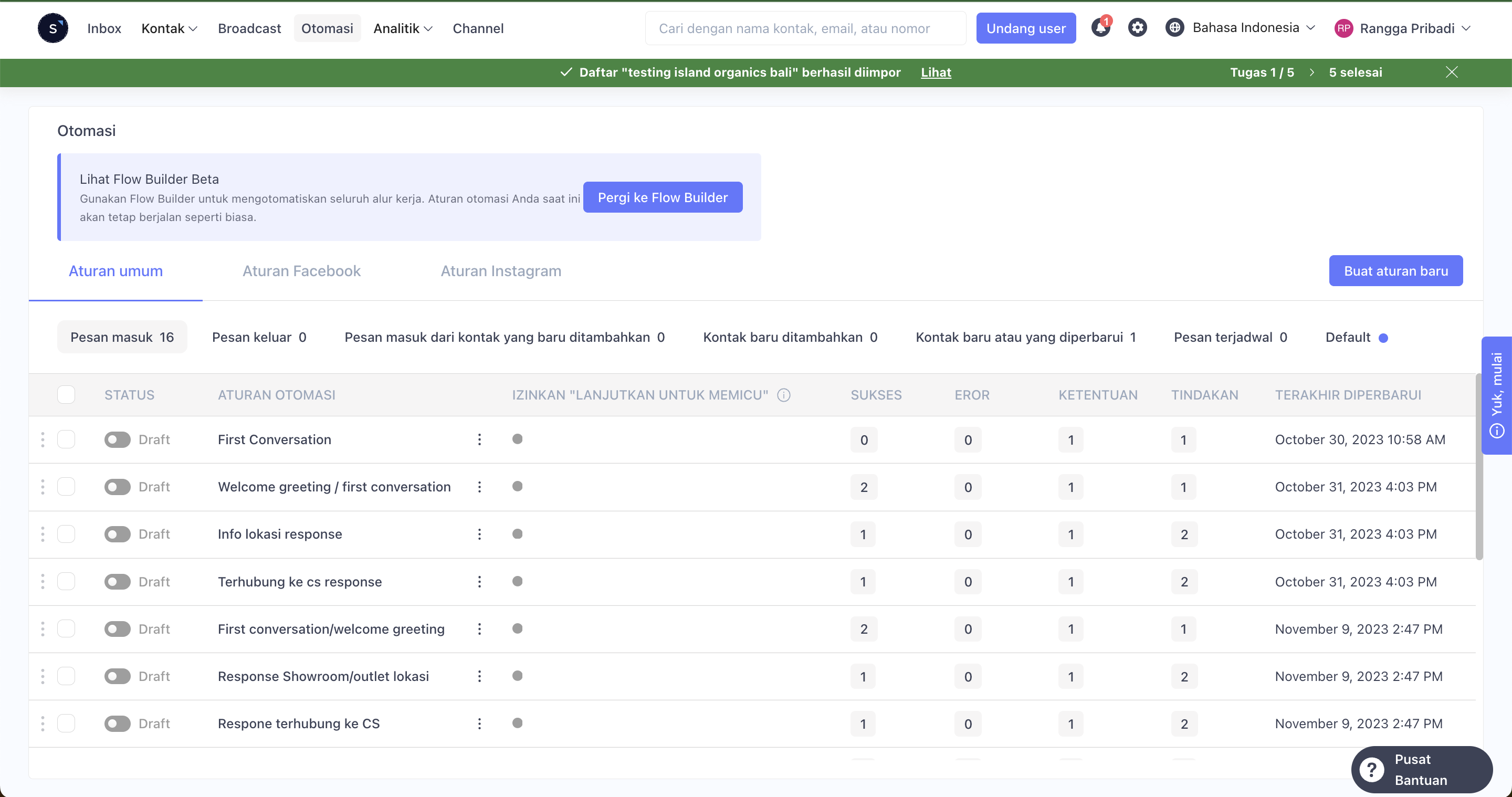 Dashboard Sleekflow setelah login untuk mengatur bot WhatsApp anda