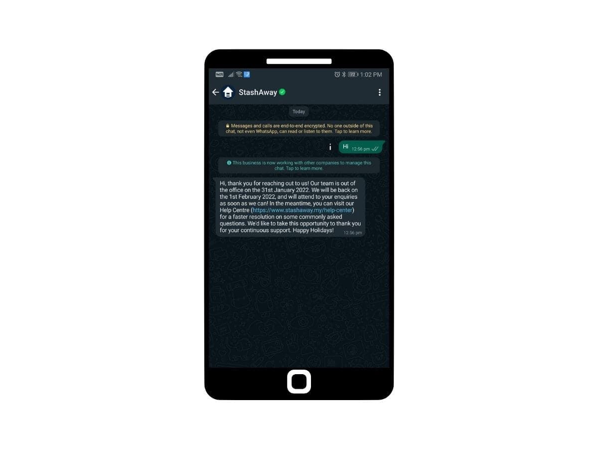 Stashaway Malaysia pre-defines text messages using WhatsApp Bot