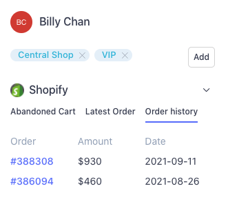 Historique des commandes Shopify dans le profil de chat