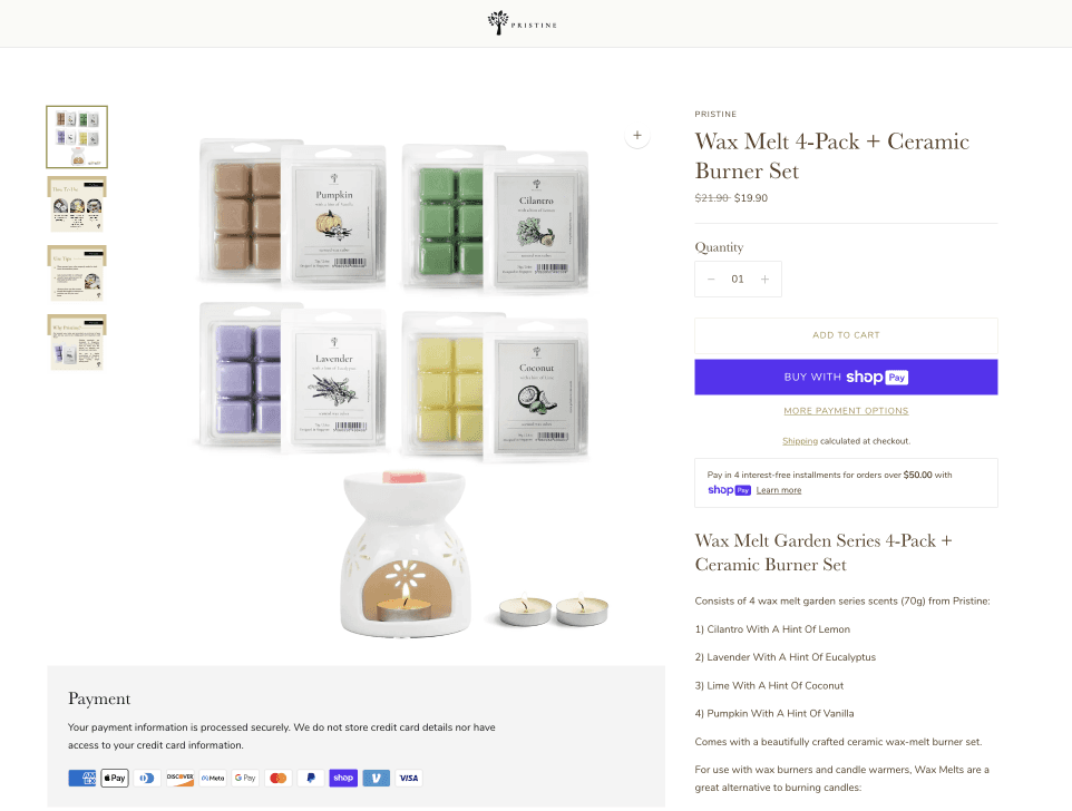 Pristine Aroma's product on the e-commerce website