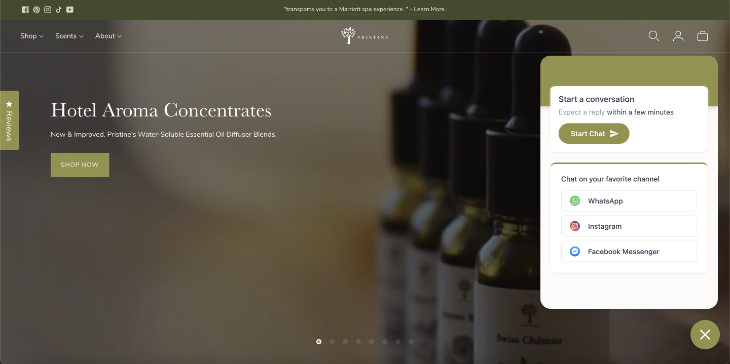 Live chat widget on Pristine Aroma's website