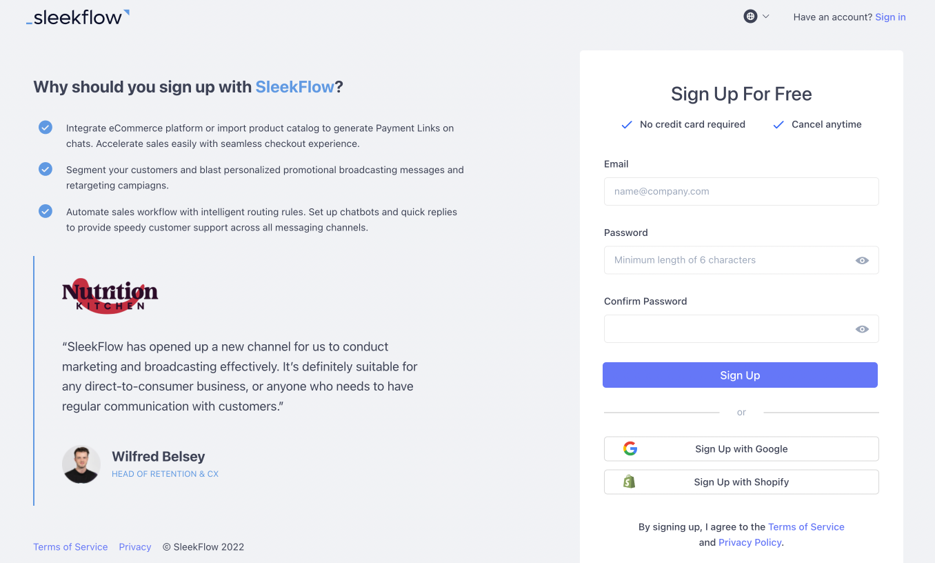 Signing up for a SleekFlow account