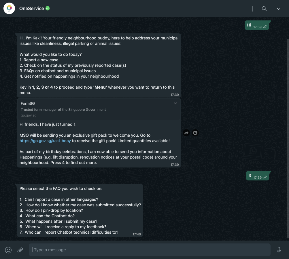 OneService WhatsApp Chatbot for Singapore citizens
