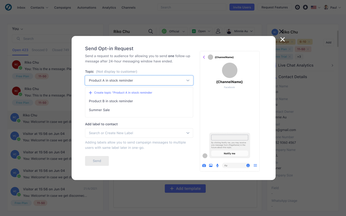 Collect OTN token to send Facebook Messenger broadcast