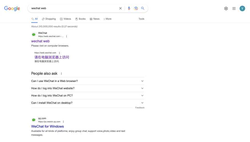 Google search WeChat Web