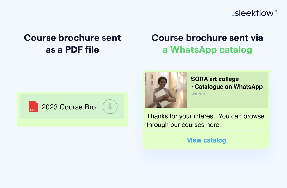 Showing course brochures with PDF or WhatsApp catalog
