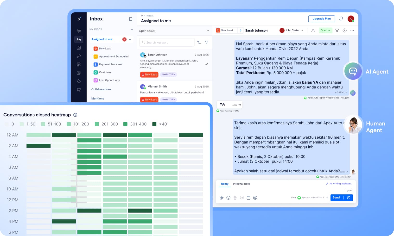 Contoh menghadirkan layanan support bintang 5 secara otomatis dengan AI Agent dari SleekFlow di WhatsApp