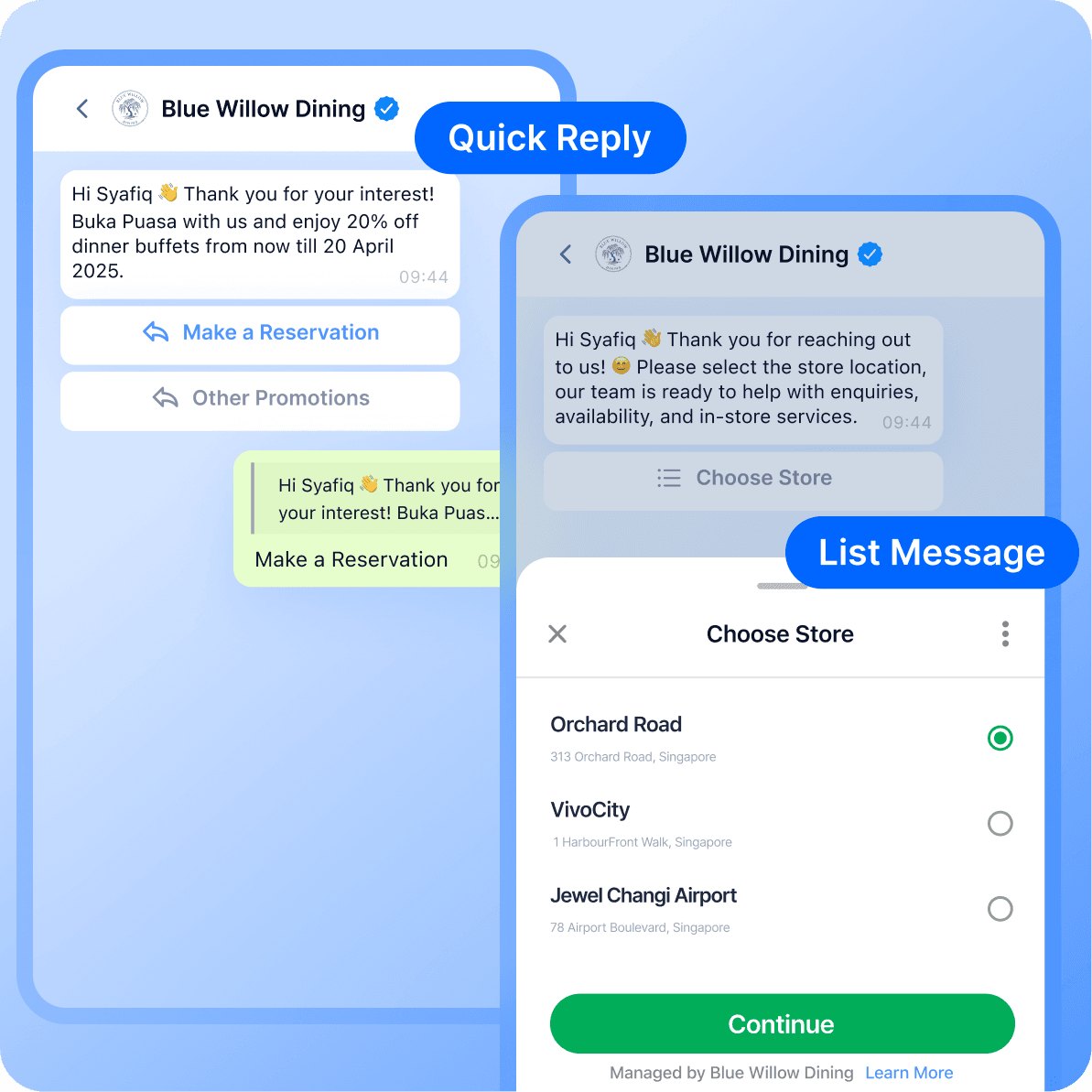 whatsapp channel page - quick reply button & list message