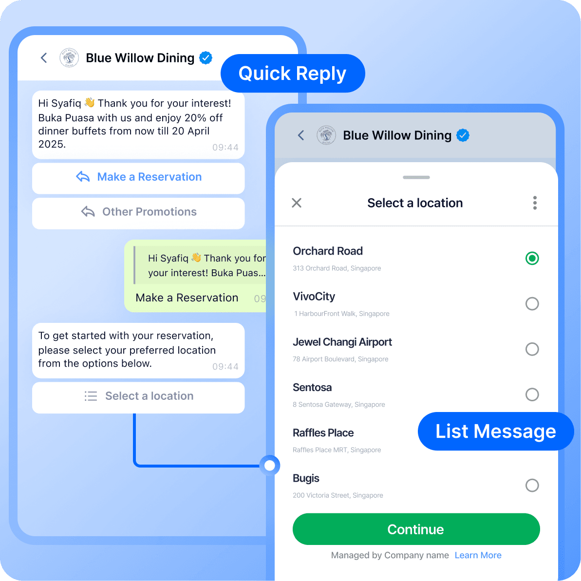 whatsapp channel page - quick reply button & list message