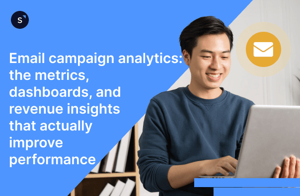 Man looking at email campaign analytics on laptop